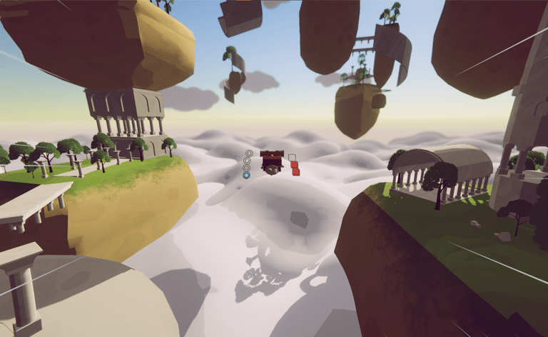 capture d'écran du jeu Aerie avec le personnage Tiny Traveller au centre dans les airs explorant le monde vaste du jeu